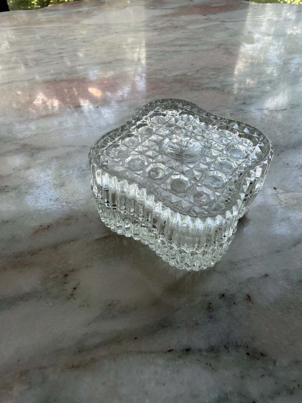 Vintage Pressed Glass Square Trinket Box with Geometric Pattern